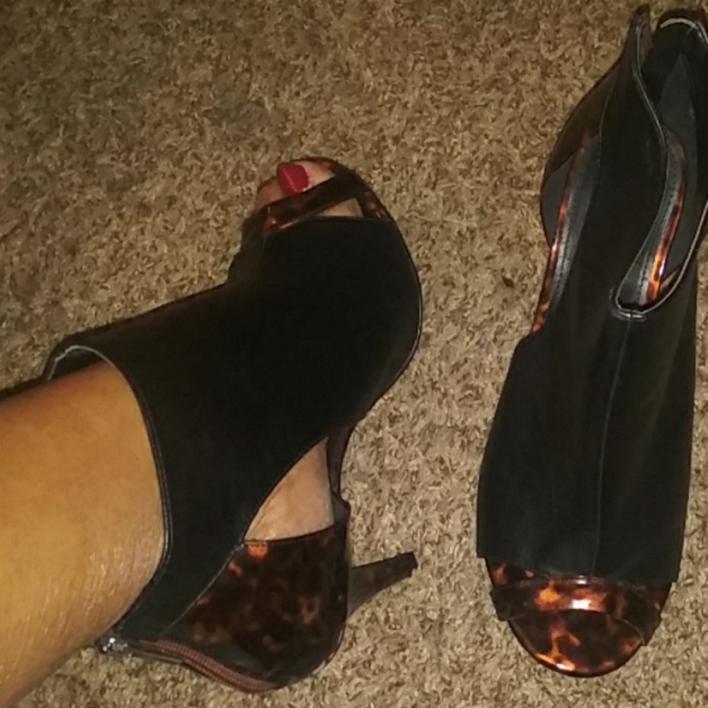Black/leopard peep toe bootie